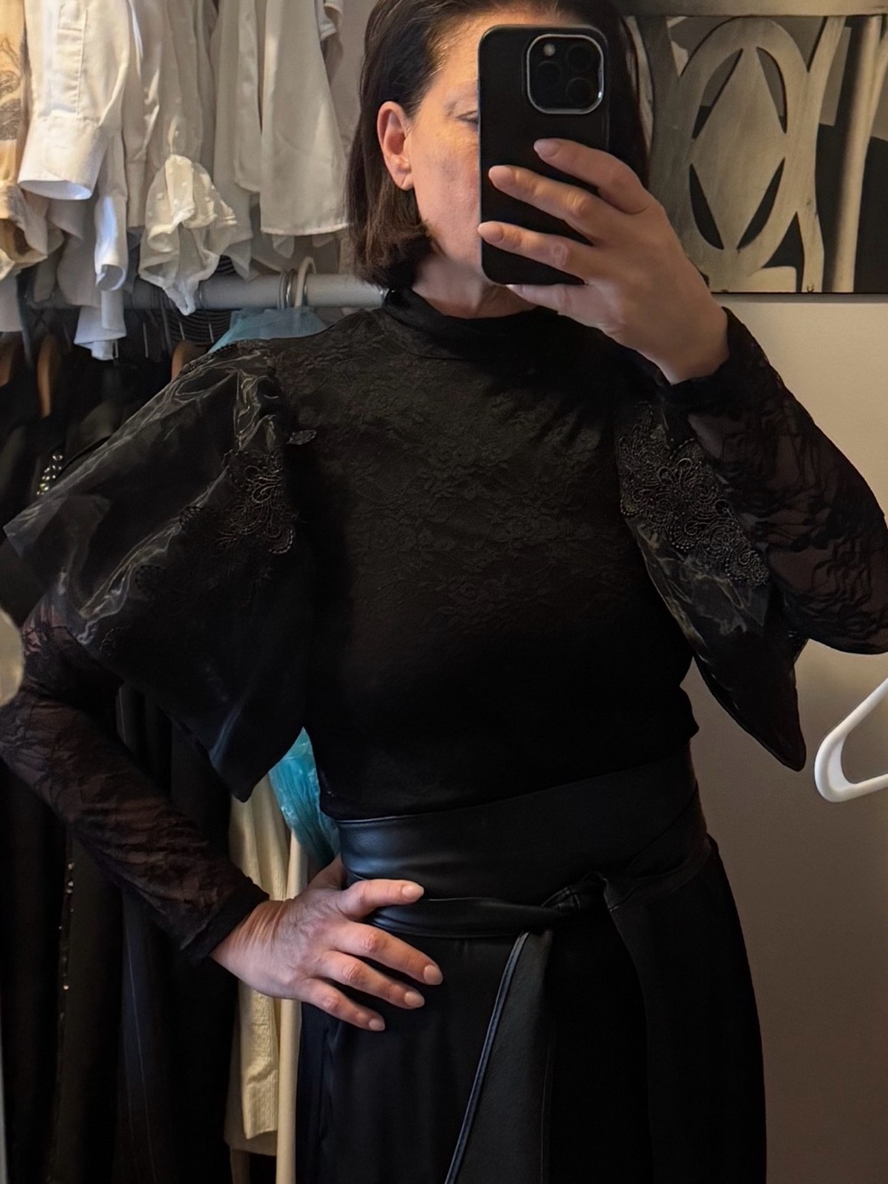 AKIRA Black Lace Puff-Sleeve Top